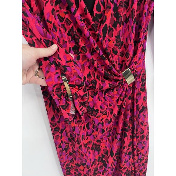 Vintage Cache Red Purple Print Faux Wrap Dress Gold Embellished Large - Picture 3 of 4